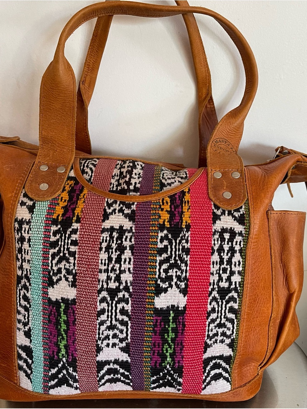 Boho Woven Panel Leather Tote Bag - Brown Handbag HLV - Hasta LaVista